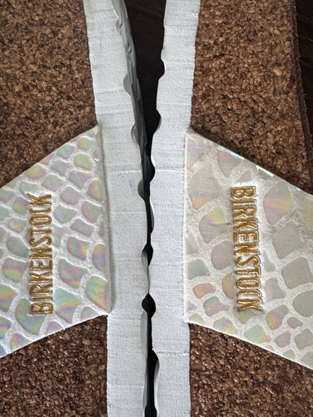 Birkenstock Iridescent White Multi-Print Sandals with Gold Buckles, Like New - Picture 11 of 14